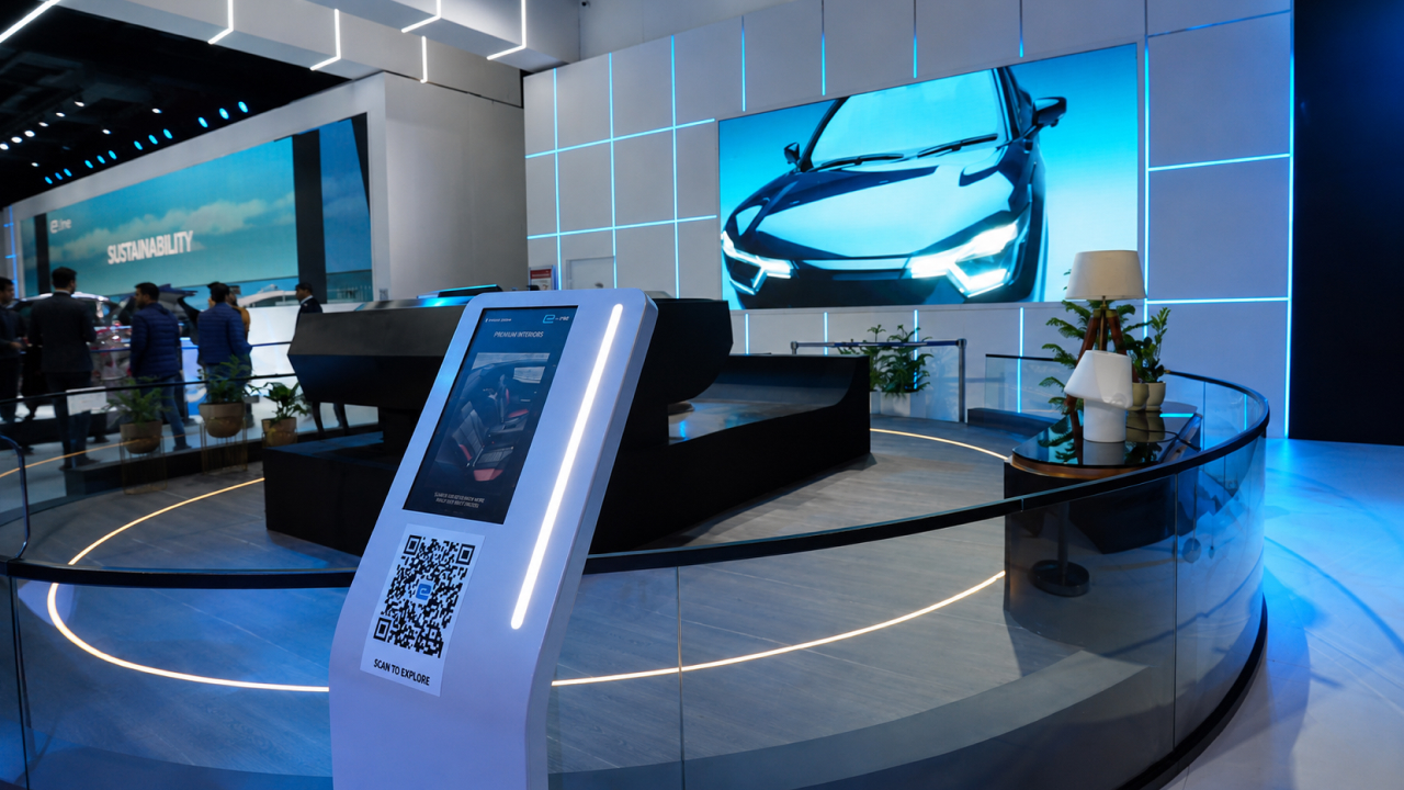 Maruti Suzuki digital experience center showing interactive vehicle display with large LED wall